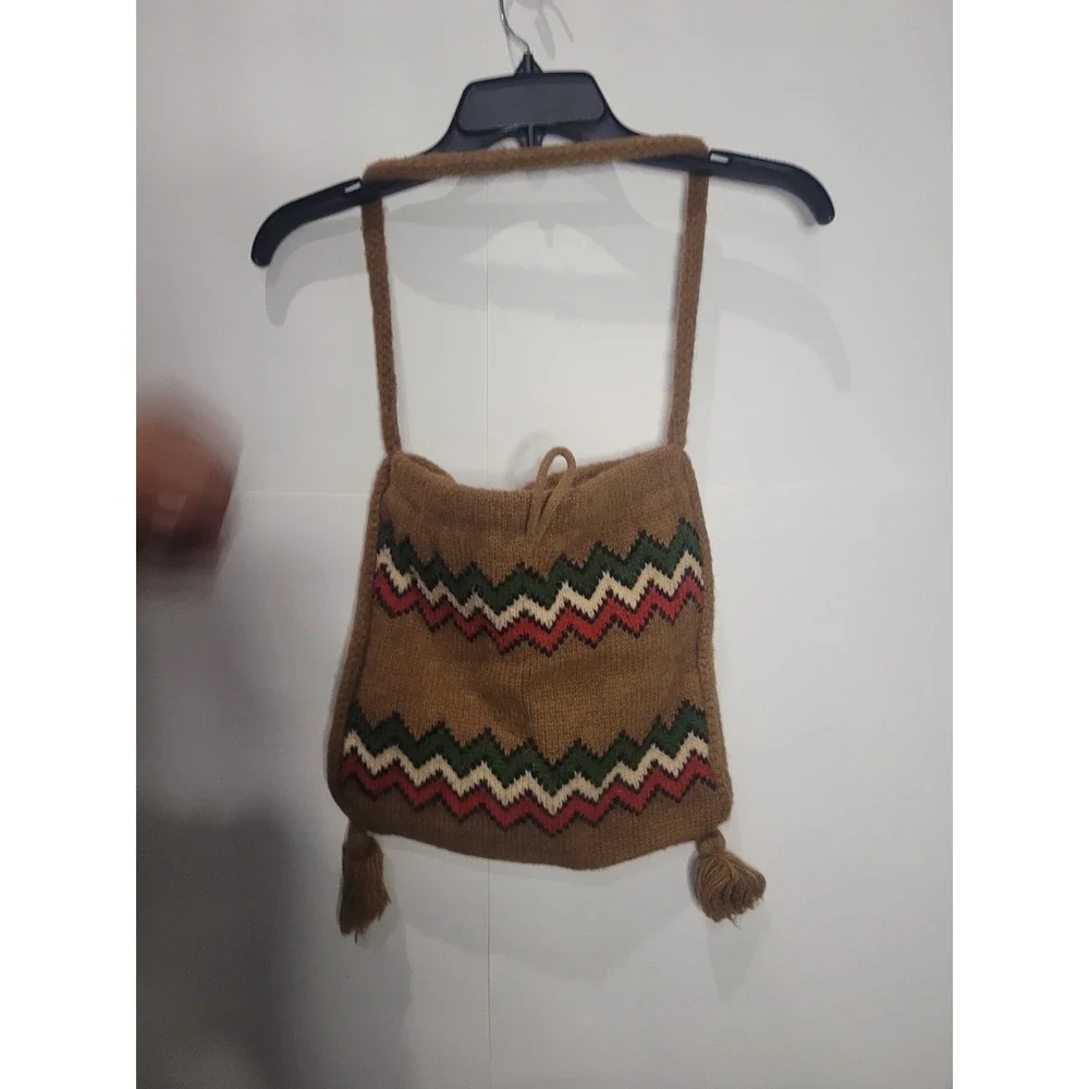 Zwicker knit bag, protective lining, brown with green/white/red zig zag, Vintage